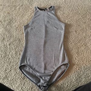 Gray and white stripped body suit!!